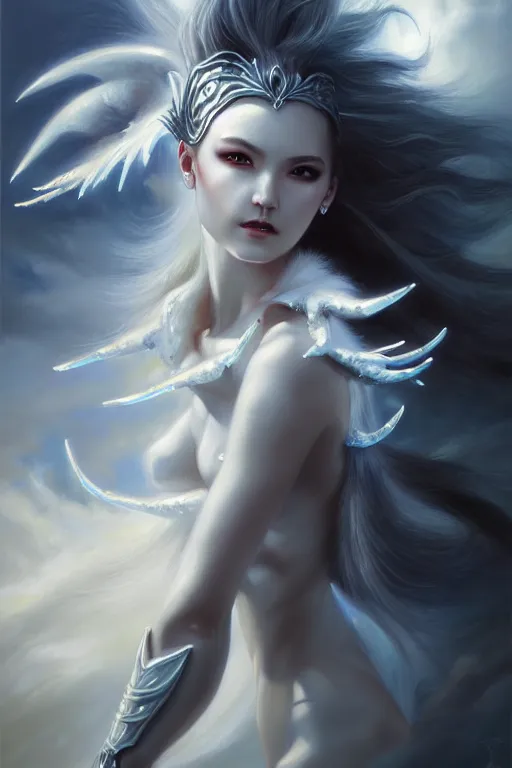 Image similar to oil painting, white, sakimi chan, fantasy armor, detailed face, flying, tony sart, wind, lightning, dramatic lighting