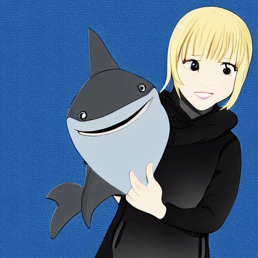 Image similar to a blonde girl in a black hoodie holding a blue-shark-stuffie, anime style digital art