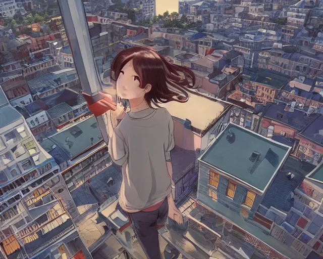 Image similar to teen standing on the roof of a building, sunset, bird eye view, fisheye view, illustration, by pine ( ハイネ ) and 薯 子 imoko and 香 川 悠 作 and wlop and maya takamura, highly detailed, trending artstation, pixiv, digital art