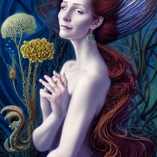 Image similar to facial portrait of a young pretty woman in flowing dress, arrogant, mysterious, long fine flowing hair, delicate, looking at camera, slightly awkward smile, realistic face, hands behind back, stylish, elegant, grimdark fantasy, flowers, extremely detailed painting inspired by Gerald Brom and Ernst Haeckel and Kaluta