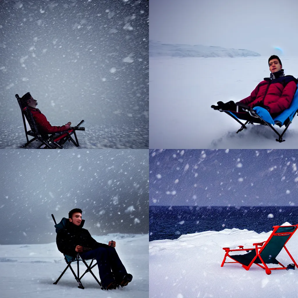 Prompt: photorealistic picture of a young man sunbathing lying in a folding chair in the arctic during a snowstorm