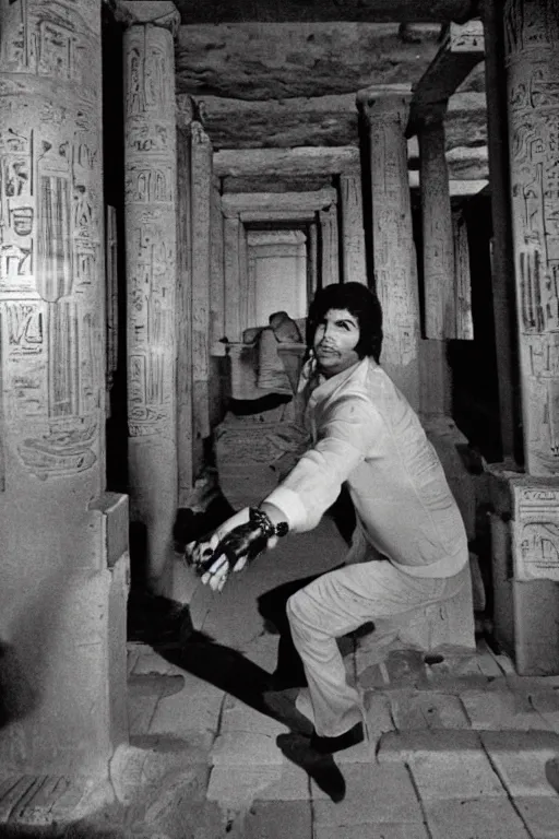 Image similar to magazine article about a videogame arcade in an egyptian temple, photojournalism, 1980s