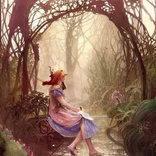 Image similar to a beautifull intricate watercolour painting of alice in wonderland scene, reflexions, verry high details by william turner art, greg rutkowski and alphonse mucha, trending on artstation, very very detailed, masterpiece, muted colors