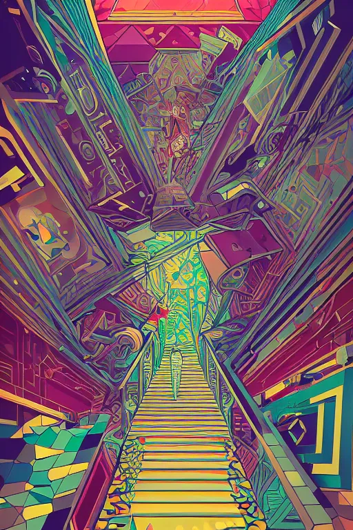 Prompt: a drawing of a room with a staircase, psychedelic art, op art, isometric, voxel art, poster art by victo ngai, ori toor, kilian eng, behance contest winner, crystal cubism, poster art, cubism, tarot card, psychedelic art, concert poster, poster art, maximalist