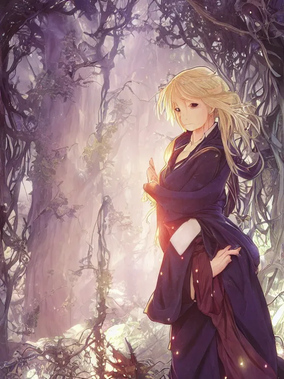 Prompt: anime key visual of writer jk rowling the enchantress with her back to the camera wears harry potter wizard clothes!! intricate, magical forest, stunning, highly detailed, digital painting, artstation, smooth, hard focus, illustration, art by artgerm and greg rutkowski and alphonse mucha