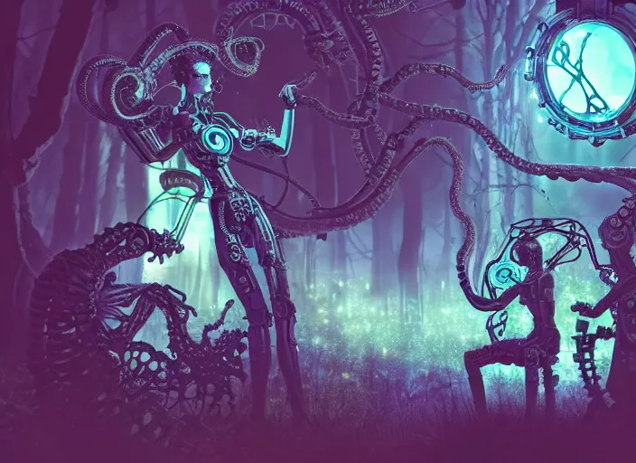 Image similar to silhouette of an intricate mechanical fairy with visible gears having tea with a cyborg gorgon medusa in a magical forest. Very detailed 8k. Fantasy cyberpunk horror. Sharp. Cinematic post-processing