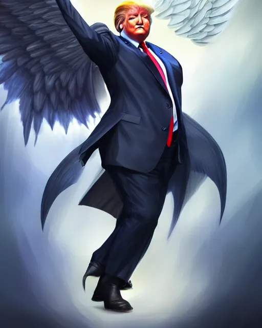 Image similar to 3 / 4 view of a person who does looks like donald trump with wings, confident pose, pixie character, video game genshin impact, cell shaded anime intricate, elegant, sharp focus, illustration, highly detailed, concept art, matte, magali villeneuve, artgerm, anime, trending on artstation