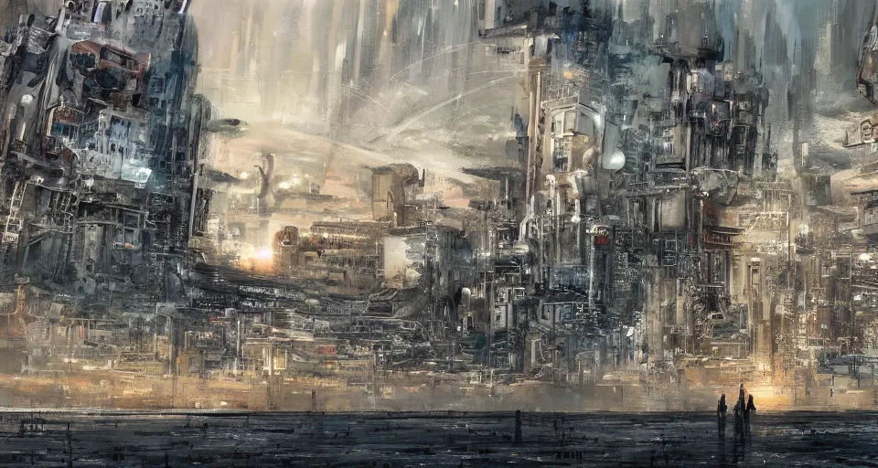 Prompt: view on futuristic city in the horizon, illustration by enki bilal, detailed, sharp, 8 k