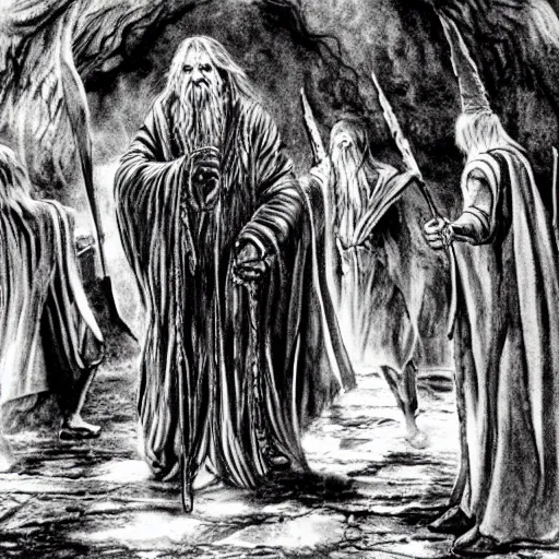 Prompt: shamanic ritual run by gandalf, a scene from lord of the rings,