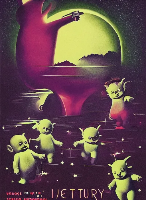 Image similar to teletubbies horror movie poster, grotesque, scary, high details, minimalist, by vincent di fate, artgerm julie bell beeple, inking, 1960s, vintage 60s print, screen print