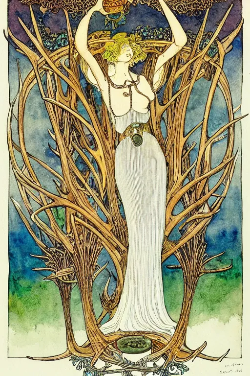 Image similar to a frothy wooden tankard of ale in the center of a frame made of antlers and coins, art by kay nielsen and walter crane, illustration style, watercolor