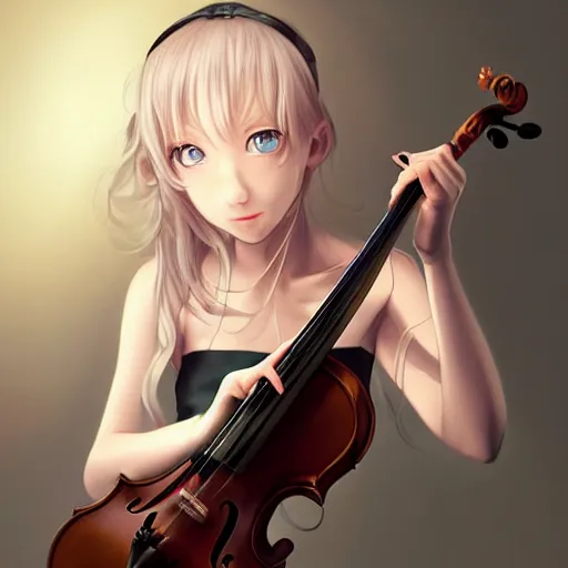 Image similar to Adorable girl, Luminescent eyes, playing the violin, highly detailed, by Range Murata, artgerm, digital illustration, beautiful, concept art, best of Artstation