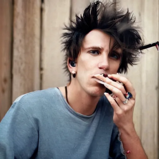 Image similar to a skinny white male singer with medium-length messy blue hair smoking a cigarette