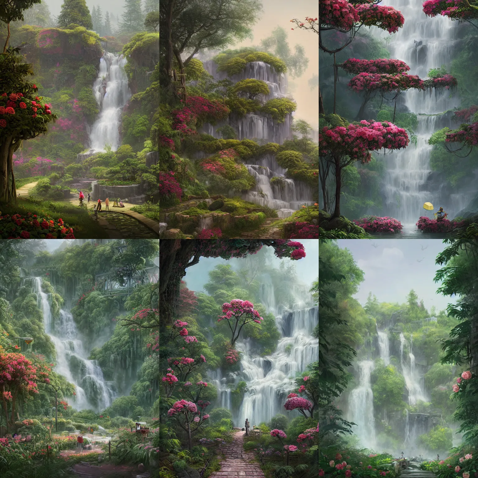 Prompt: a manicured garden matte painting with roses, trees, and a waterfall abandoned for 1 0 years art station, digital art, simon stalenhag