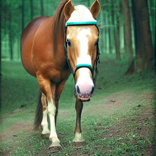 Image similar to 120mm photograph of a horse, wearing a white fly mask, forest , Photo is shot using a Rolleiflex TLR, with Kodachrome film,