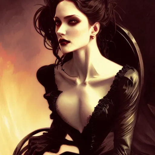 Prompt: elegant victorian vampire, portrait, intricate, elegant, gothic, sensuel, highly detailed, digital painting, artstation, concept art, rough, sharp focus, illustration, art by joe madureire and artgerm and greg rutkowski and alphonse mucha