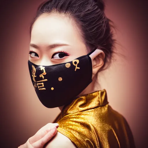 Prompt: japanese female black balaclava mask with golden necklace and open kimono, photo portrait, beautiful female model, tokyosky, female sitting on skyscreapper, rain, city neon light, bokeh, long exposure, kodak promax 4 0 0, sony lens, golden fractals and dmt