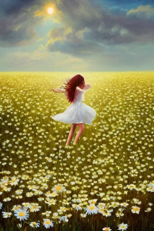 Image similar to face made of giant white daisy flower, girl dancing in a flower field, surreal photography, sunrise, dramatic light, impressionist painting, colorful clouds, digital painting, artstation, simon stalenhag