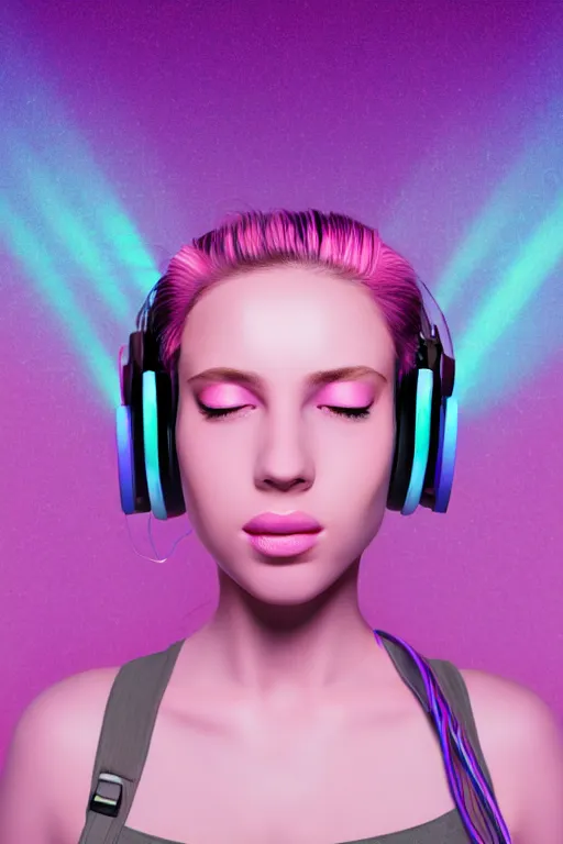 Image similar to a award winning half body portrait of a beautiful woman with stunning eyes in a croptop and cargo pants with ombre purple pink teal hairstyle listenin to music with headphones on her ears by thomas danthony, surrounded by whirling illuminated lines, outrun, vaporware, shaded flat illustration, digital art, trending on artstation, highly detailed, fine detail, intricate