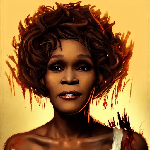 Image similar to whitney houston as a fierce zombie, 7 days to die zombie, fine art, award winning, intricate, elegant, sharp focus, cinematic lighting, highly detailed, digital painting, 8 k concept art, art by guweiz and z. w. gu, masterpiece, trending on artstation, 8 k