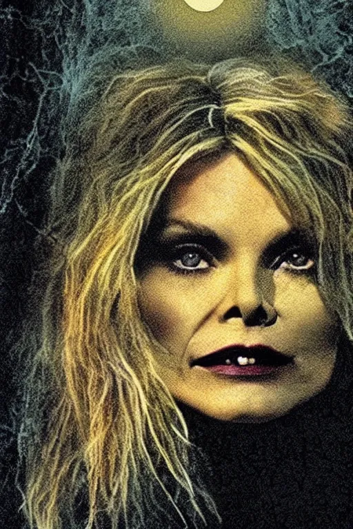 Prompt: michelle pfeiffer 1 9 8 0 s vhs tape cover, “ unico indizio la luna piena ”, atmospheric, realism, hand drawn, horror, grimy, in the woods, highly detailed, high octane render, hd, spooky moon and fog, in the style of enzo sciotti