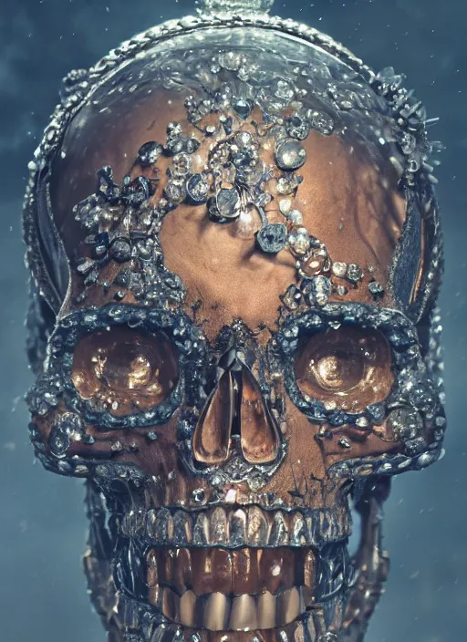 Image similar to A fancy portrait of a crystal skull covered in jewelry by Greg Rutkowski, Sung Choi, Mitchell Mohrhauser, Maciej Kuciara, Johnson Ting, Maxim Verehin, Peter Konig, Bloodborne, 8k photorealistic, cinematic lighting, HD, high details, dramatic, atmospheric , trending on artstation