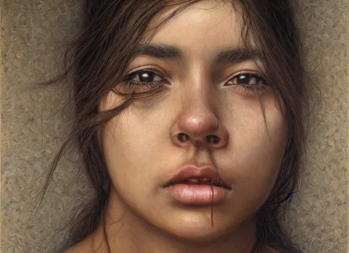 Prompt: a young hispanic woman portrait, photorealistic, highly detailed, art by brad kunkle