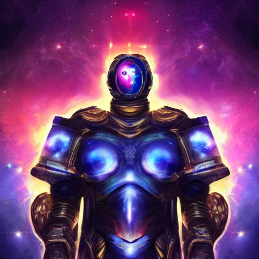 Image similar to photorealistic fantasy cosmic concept art of a cosmic god with armor made out of planets and dark matter, hovering in a unknown galaxy, fully body portrait, cinematic, dynamic lighting, ultra detailed, creative, trending on art station, creative