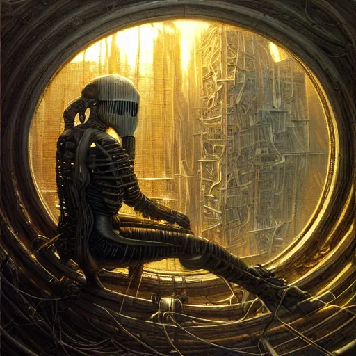 Image similar to cyberpunk harpooner, atmospheric lighting, painted, intricate, golden and grey hour, ultra detailed by peter gric, giger, enki bilal