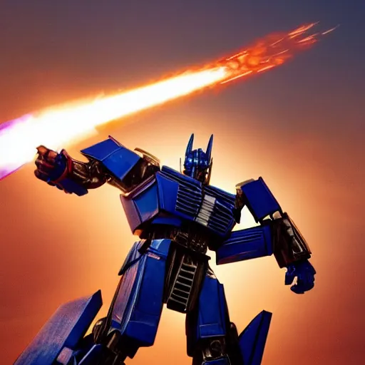 Prompt: optimus prime shooting at megatron, striking pose, robot huge, fly engines,