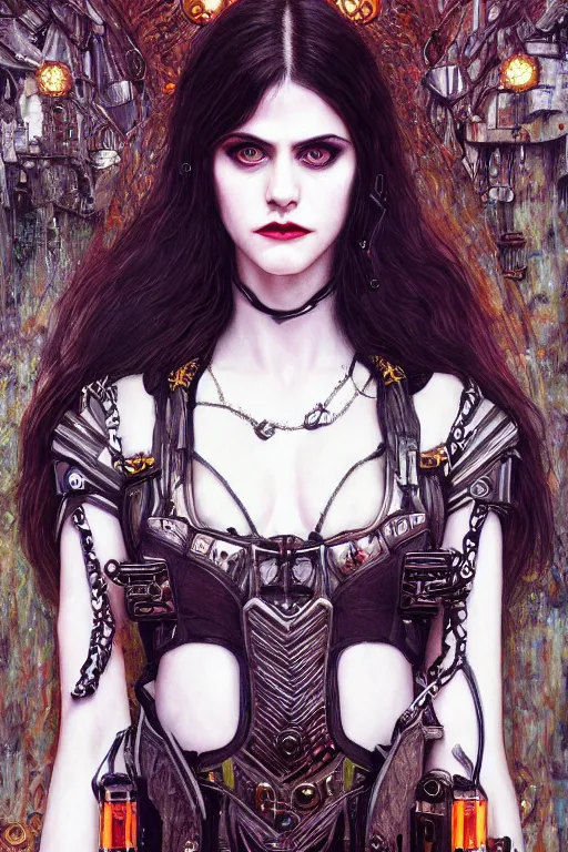 Image similar to portrait of beautiful gothic Alexandra Daddario, cyberpunk, Warhammer, highly detailed, artstation, illustration, art by Gustav Klimt