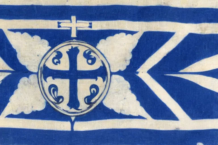 Prompt: blue flag with white cross and four white fleur-de-lys