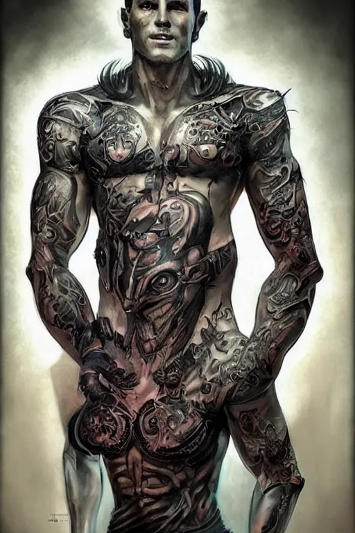 Image similar to Portrait of frontal standing pose torso of a very attractive man heavily all his skin is covered by BIKER tattoos, surrounded by magic lightings overlays, Intricate, concept art, magic lighting overlays, magical portal opened, D&D!, fantasy style, sharp focus!, ultra detailed, art by Artgerm and Peter Andrew Jones, WLUP, Magali Villeneuve