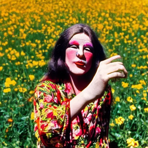 Prompt: 1970 hippie woman on tv show with a long prosthetic nose, wearing a floral robe in a meadow 1970 color archival footage color film 16mm holding a hand puppet Fellini Almodovar John Waters Russ Meyer Doris Wishman