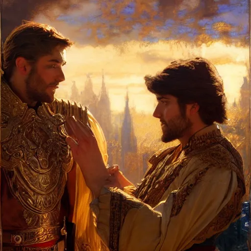 Image similar to attractive fully clothed king confesses his love for his attractive fully clothed male prince. highly detailed painting by gaston bussiere, craig mullins, j. c. leyendecker 8 k