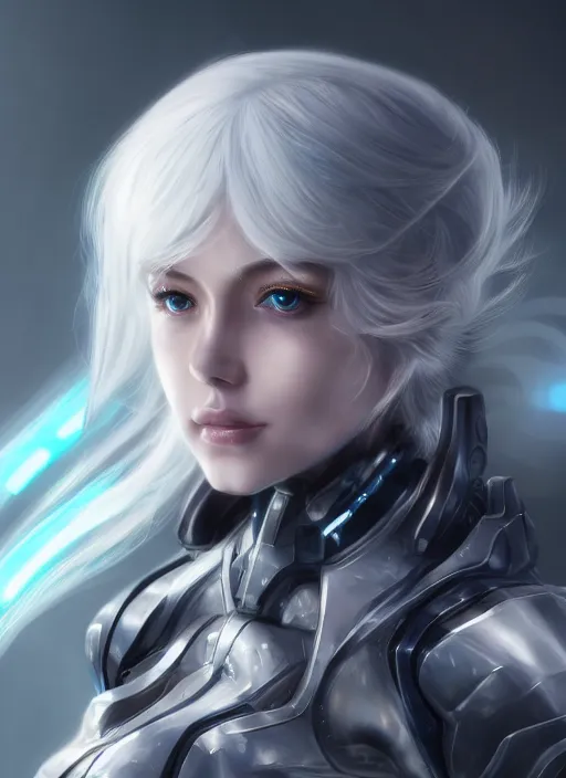 Image similar to detailed portrait of perfect white haired girl, android, warframe armor, beautiful, pretty face, blue cyborg eyes, innocent, scifi, 4 k, sun yunjoo, ultra realistic, aura of light, cinematic lighting, highly detailed, sharp focus, artstation, masterpiece, art by hyungjin yang