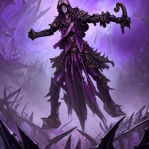 Image similar to a necromancer holding a bone staff, an army of undead rising from the ground in the background, violet theme, hearthstone art style, epic fantasy style art, fantasy epic digital art, epic fantasy card game art