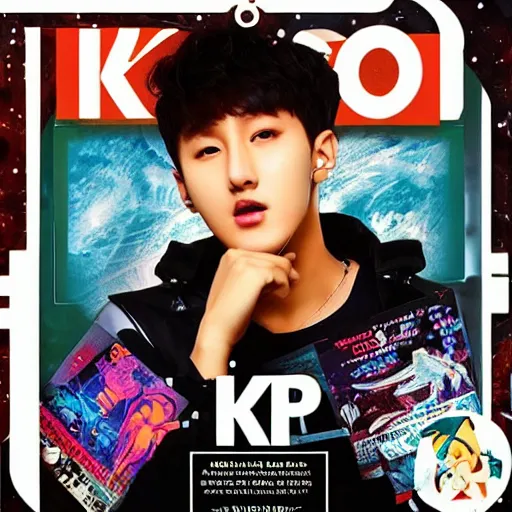 Image similar to “K-pop idol Changbin on a retro science fiction book cover”