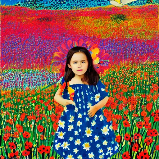 Prompt: A beautiful digital art of a young girl surrounded by a field of wildflowers. She has a butterfly on her shoulder and a mischievous look on her face. marimekko, papier mache by Jackson Pollock, by Ryan McGinley colorful