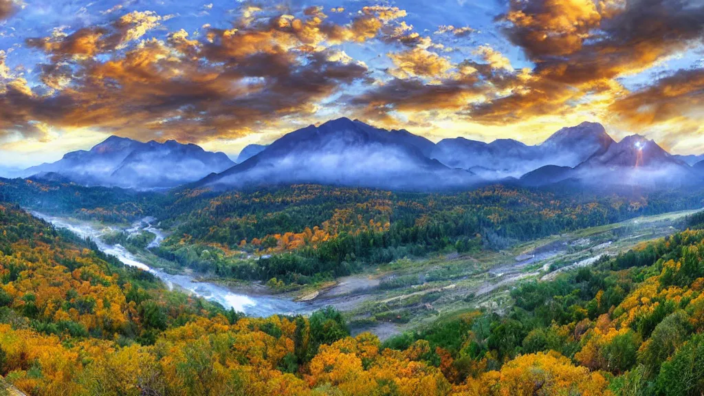 Image similar to The most beautiful panoramic landscape, oil painting, where the mountains are towering over the valley below their peaks shrouded in mist, the sun is just peeking over the horizon producing an awesome flare and the sky is ablaze with warm colors, lots of birds and stratus clouds. The river is winding its way through the valley and the trees are starting to turn yellow and red, by Greg Rutkowski, aerial view