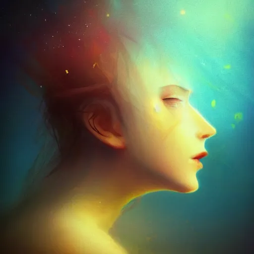 Image similar to i woke up in a world that had fragments of you. three-quarters portrait, flaky paper skin, different colored multicolored eyes, long flowing hair underwater, imagination cosmic dream, dreamy, 8k artgerm bokeh, award winning photography, trending on artstation, by Ivan Aivazovsky and Odilon Redon