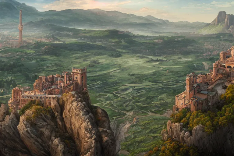 Prompt: an ultra detailed matte landscape painting of an extremely tall and strong young man with short brown hair standing on a cliff overlooking a medieval capital built on top of many hills, italian renaissance architecture, ultrawide lense, aerial photography, 8 k, volumetric lighting, smooth, highly detailed, digital illustration, art by kentaro miura and akira toriyama and artgerm