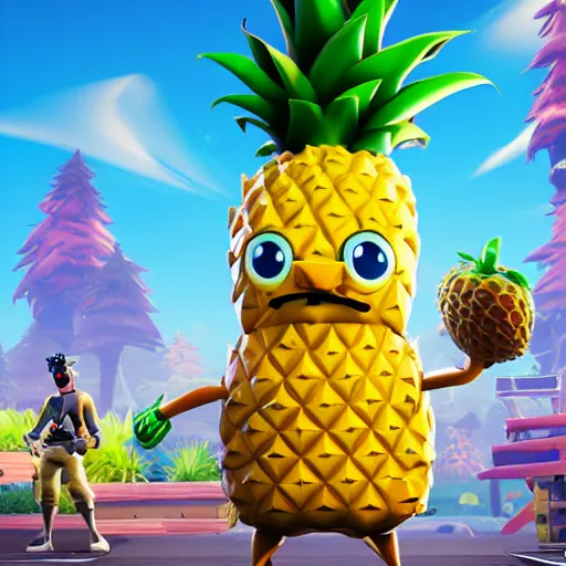 Image similar to anthropomorphic pineapple filled with beans, the bean - filled anthropomorphic pineapple is playing the video game fortnite, beans