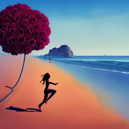 Image similar to portrait, giant rose flower head, woman running at the beach, surreal photography, sunrise, blue sky, dramatic light, impressionist painting, digital painting, artstation, simon stalenhag