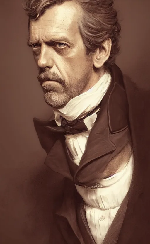 Prompt: Portrait of Hugh Laurie as a victorian gentleman, male, detailed face, 19th century, highly detailed, cinematic lighting, digital art painting by greg rutkowski