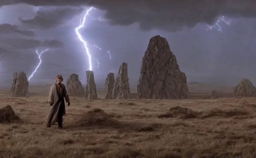 Image similar to screenshot portrait of Luke Skywalker in a windy lightning battlefield with scattered ruins of a fiery jedi rock temple, surrounded by giant AT-AT walkers, with young jedi army behind him, iconic scene from 1970s film by Stanley Kubrick, last jedi, 4k HD, cinematic lighting, beautiful portrait of Mark Hammill, moody scene, stunning cinematography, anamorphic lenses, kodak color film stock