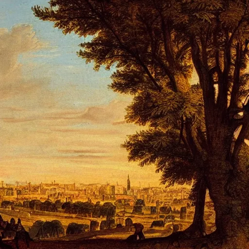 Image similar to beautiful medieval landscape, golden hours, little dirty city seen from afar in the style of Arent Arentsz (1585–1631), Dutch landscape painter