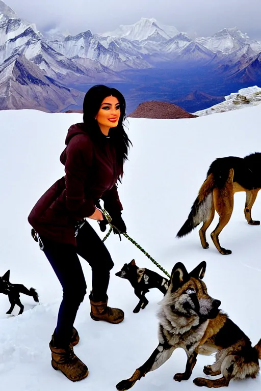 Image similar to kylie jenner mountain climbing on everest with wolves and african wild dogs in a snowstorm