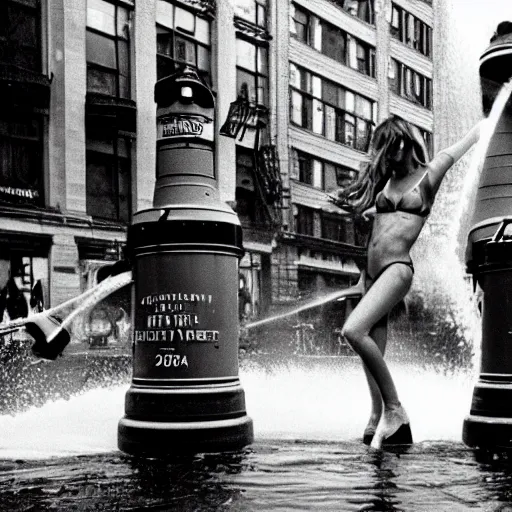 Image similar to Victoria's Secret Angels frolicking in the water a broken fire hydrant in New York 1988, hot summer night