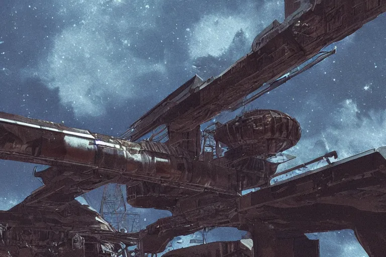 Prompt: matte painting of an outside view of abandoned space station in the deep space